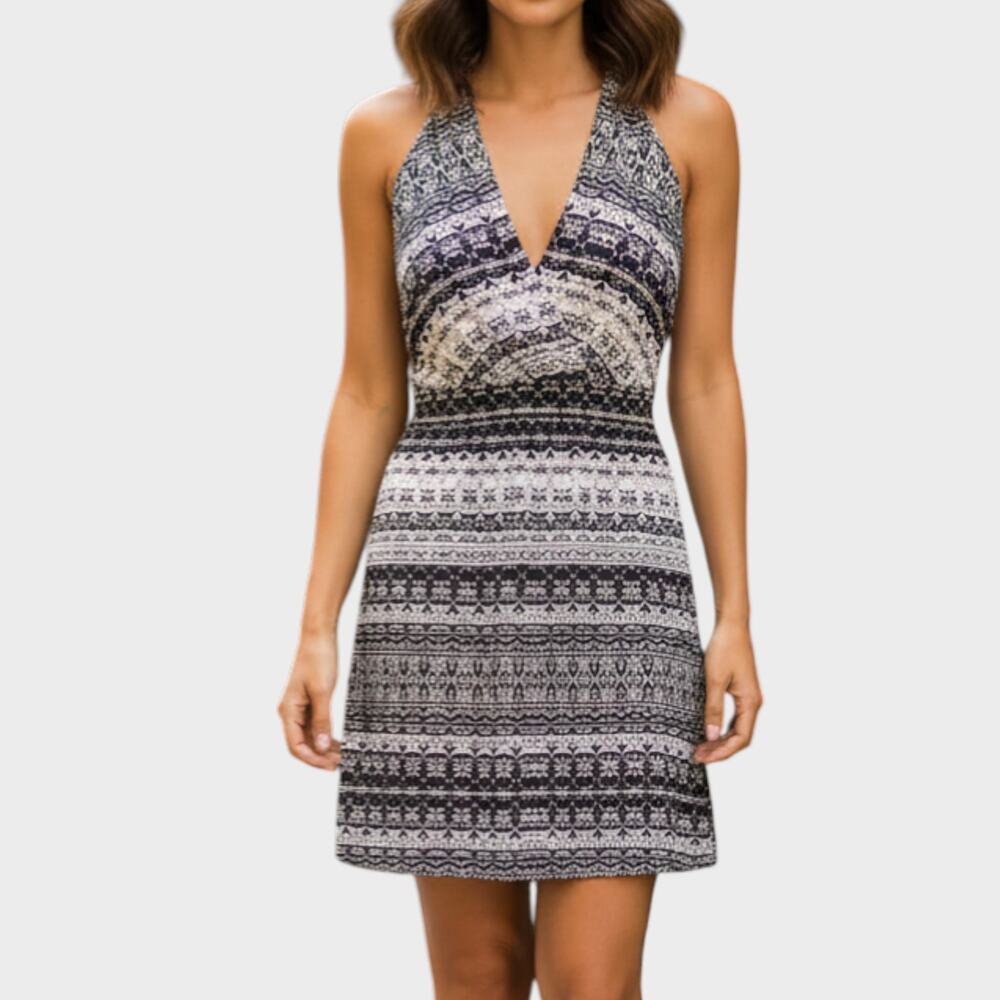 Dakini Womens Small Dress Black White Print V Neck Padded Bust